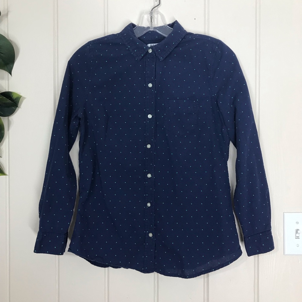 Old Navy Blue w/ Green Polka Dots LS Button Down Shirt
Front Pocket 
100% Cotton